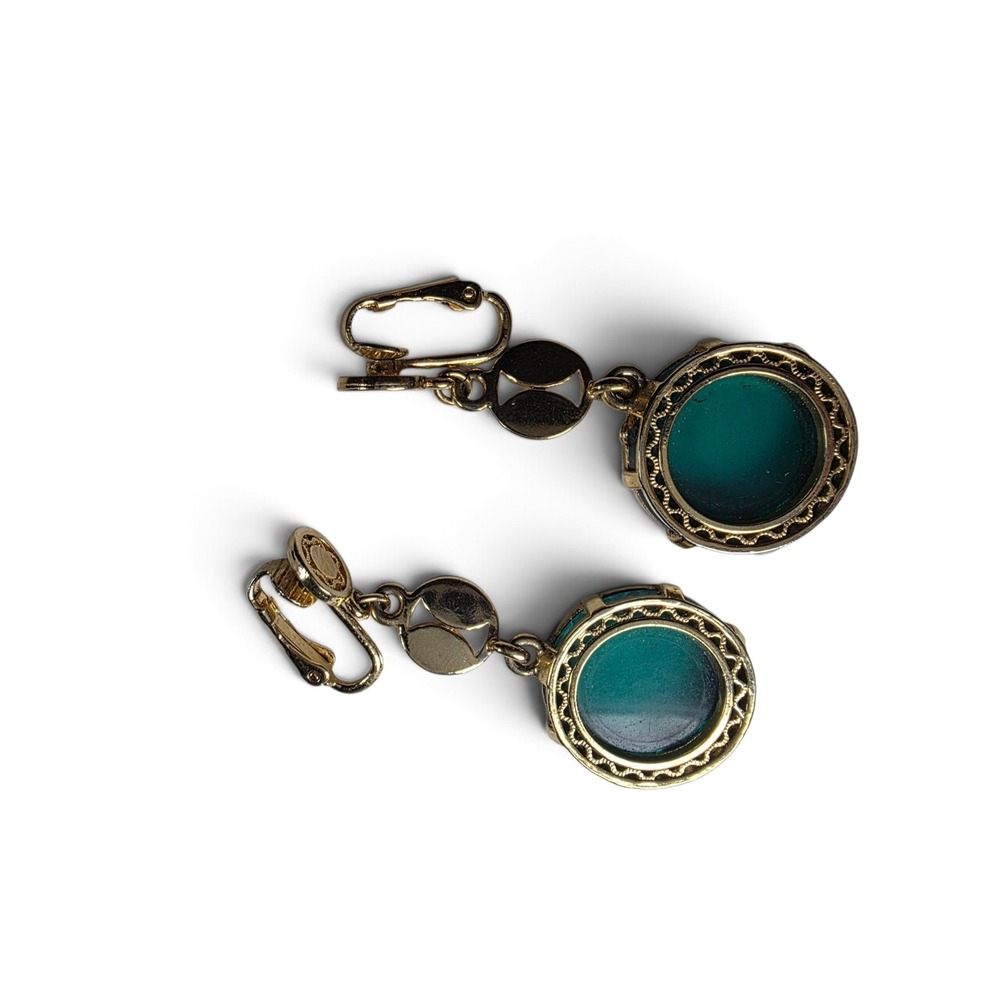 Vintage Gold Tone Green Translucent Round Dangle Clip On Earrings Retro Glam